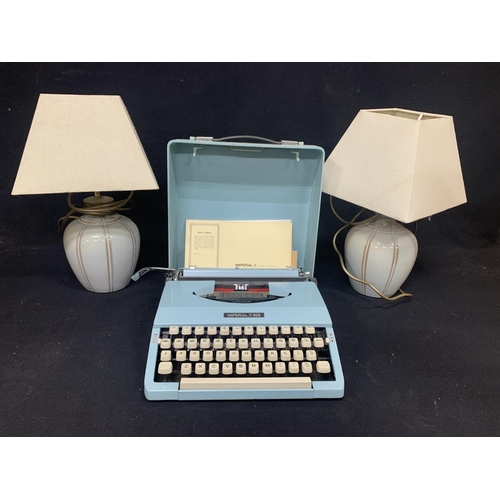 811 - Imperial 200 portable typewriter and two pottery table lamps