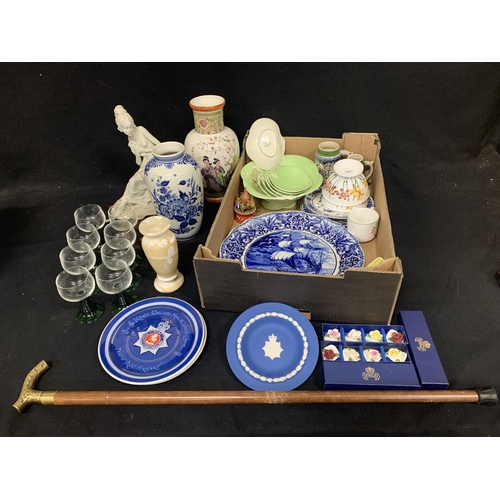 814 - Box of assorted china, Delft and glassware & walking stick