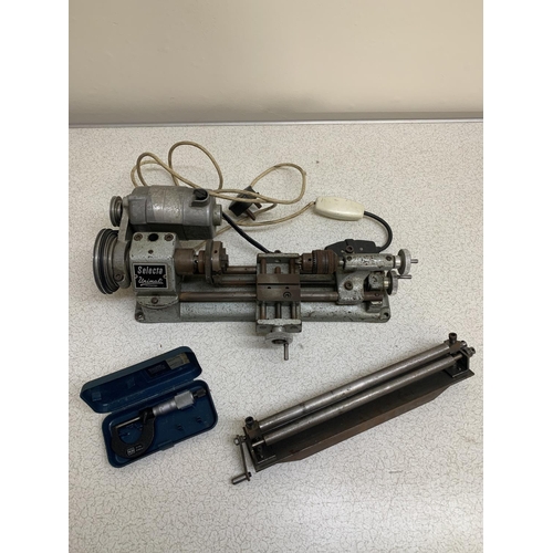 832 - Unimat Selecta Model Engineers Lathe, length 40 cms, working, sheet metal roller and Moore & Wright ... 