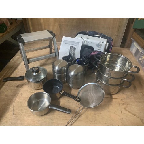 1059 - Stainless steel pans and utensils, step plus Jem Gold  electric sewing machine (no lead)