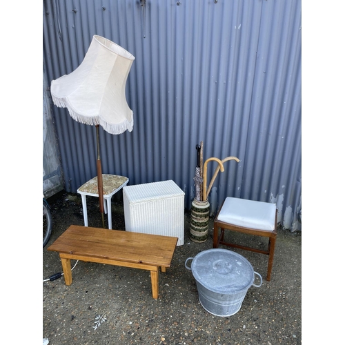 100 - Teak lamp, loom box, pan, two stools and a teak table