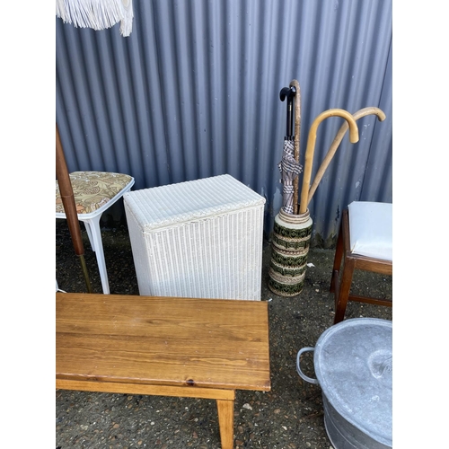 100 - Teak lamp, loom box, pan, two stools and a teak table