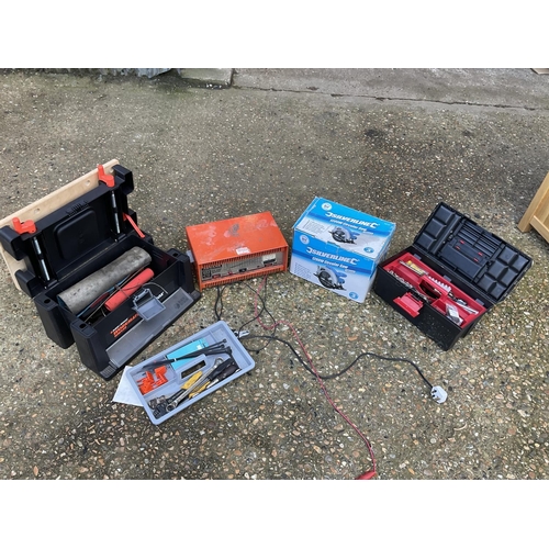 150 - Workmate box, circular saw, toolbox and a battery charger