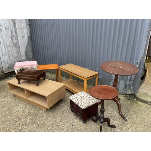 172 - Two tripod tables, tv stamd, two side tables and two stools