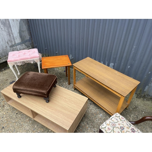 172 - Two tripod tables, tv stamd, two side tables and two stools