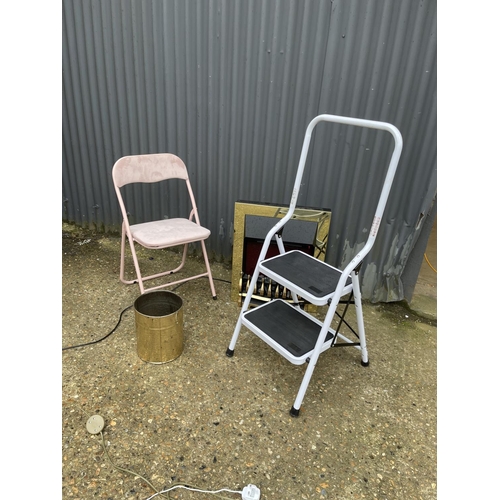 173 - Electric fire, modern steps, folding chair and bin