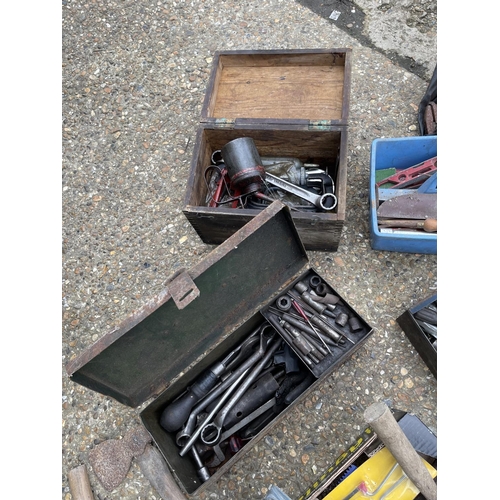 183 - Two choppers and five boxes of vintage tools, spanner's etc