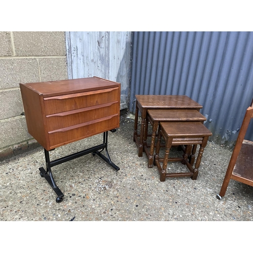 186 - Teak chest of three, nest of three, teak trolley, and ercol stool