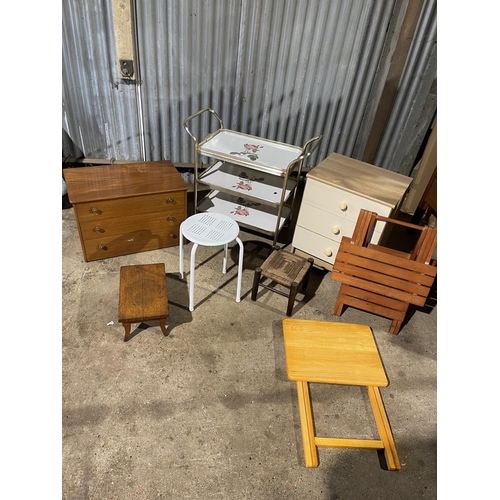 205 - Retro chest, retro trolley, bedside, two folding tables and three stools