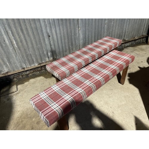 21 - A pair of pine and tartan upholstered bench seats 156x39x50