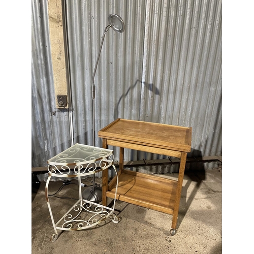 237 - A retro trolley, metalwork corner stand and a floor lamp