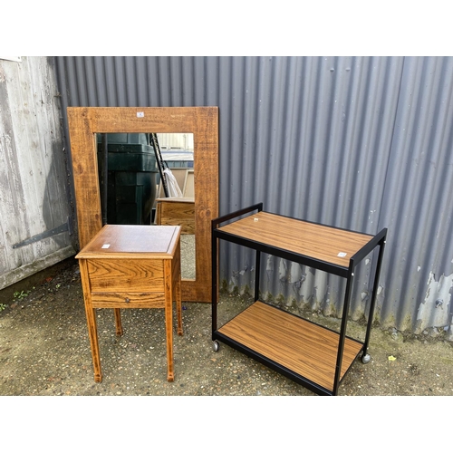 4 - A large rustic pine mirror, sewing box and retro trolley