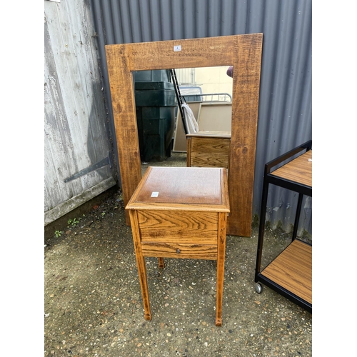 4 - A large rustic pine mirror, sewing box and retro trolley