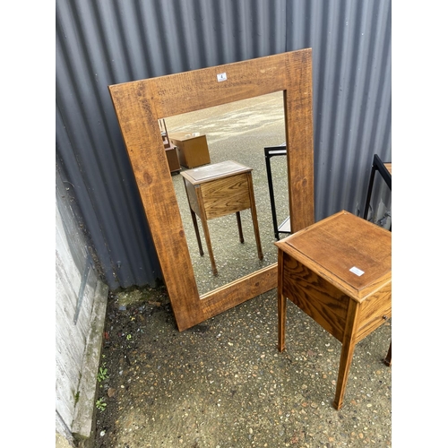 4 - A large rustic pine mirror, sewing box and retro trolley