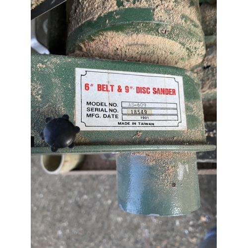 An Axminster power tool 6inch belt / 9inch disc sander on trolley base