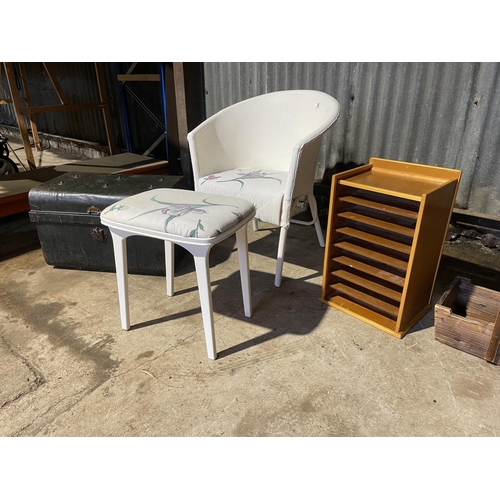 49 - Painted chair and stool, filing rack, box, trug and tin trunk