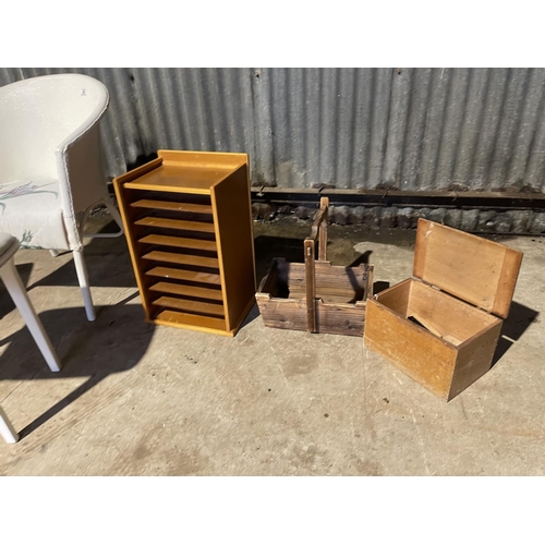 49 - Painted chair and stool, filing rack, box, trug and tin trunk