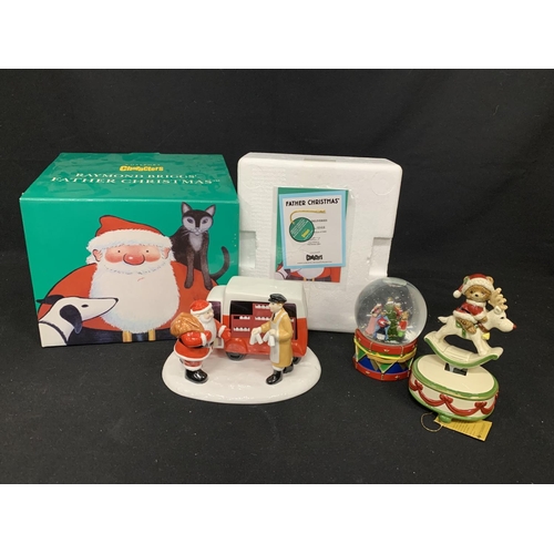 583 - Coalport Characters, Raymond Briggs Father Christmas, snow dome and musical ornament.(2)