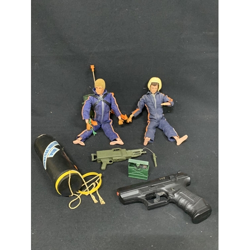 586 - Two Action men a/f to hands and 007 toy gun