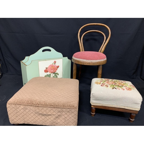 596 - Small antique chair, height 65cms, 2 footstools and magazine rack