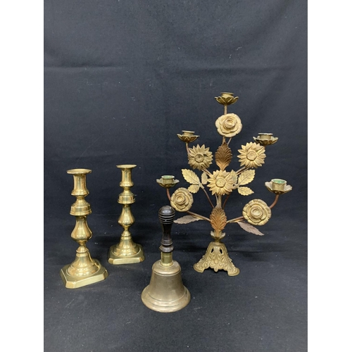 601 - Antique Large brass flower decorated candlestick holder, height 44cms and pair brass candlesticks