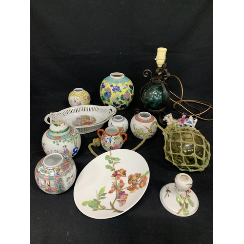 608 - Collection of oriental pots - 1 small with 2 handles, 2 oval dishes, vintage cake plate a/f, fishing... 