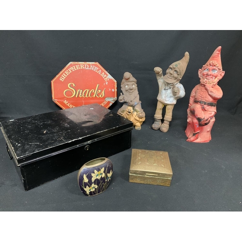 615 - Vintage Shepherd Neame Metal Sign, 3 plastic garden gnomes, vintage metal tin, vintage decorated tin... 