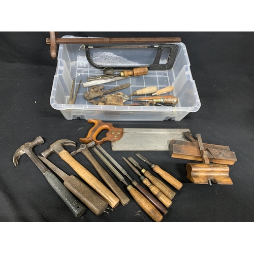 623 - Large box of vintage tools - W Tyzack saw, some bevel edge tools