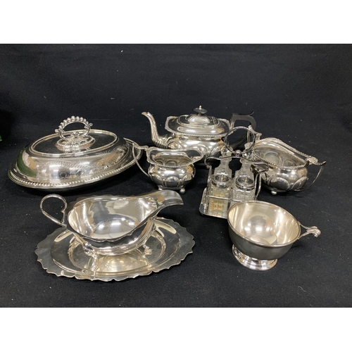 626 - Silver Plated - 3 piece teaset, condiment Set, gravy Jug and tray and bowl