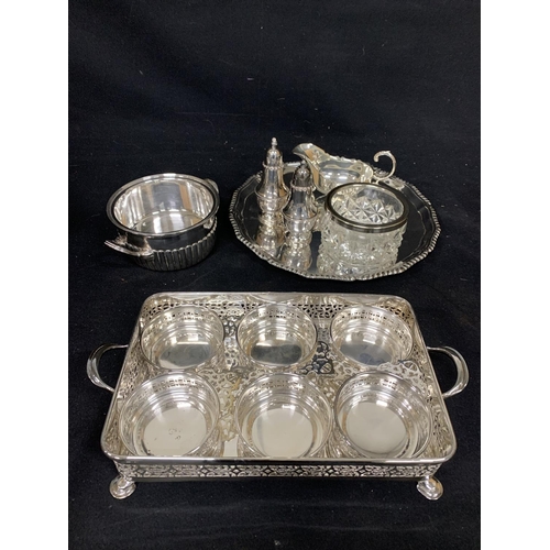 627 - Silver plated - large tray, set 6 dishes in glass tray, wine coaster, gravy boat, salt and pepper an... 