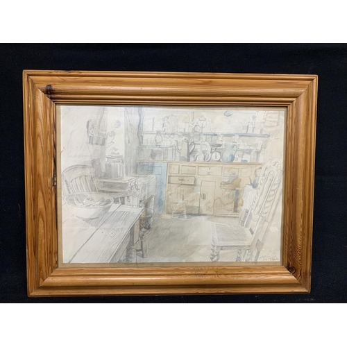 631 - Pine framed and glazed interior of kitchen, Signed J Gunnell 75, 64 x 50cms