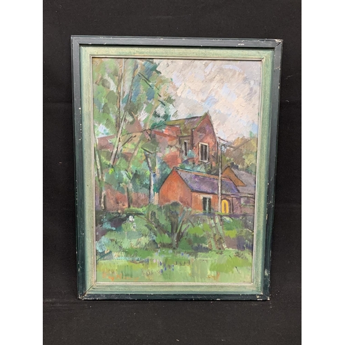 636 - Oil on board, abstract of houses, Signed Reg Harris, 53 x 69cms