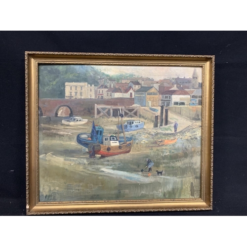 637 - Oil on board, Cornish Harbour, Signed Linda Johnston 75,  68 x 57cms