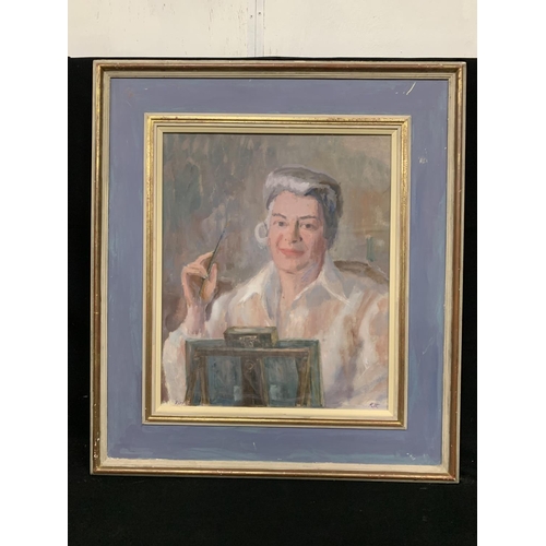 639 - Oil on board, Artists portrait of Rita Benson by (monogram) KH   80 x 89cms