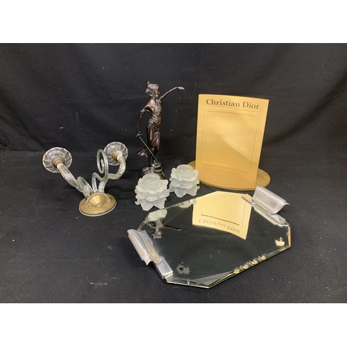 651 - Christian Dior plinth, bronze Lady Figure, French Glass wall bracket, two shades and Deco tray