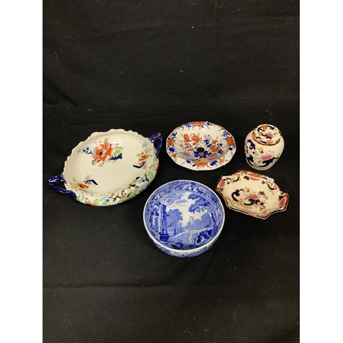 674 - Early Spode Italian Bowl, two pieces of Masons Ironstone, Strainer & Losolware bowl