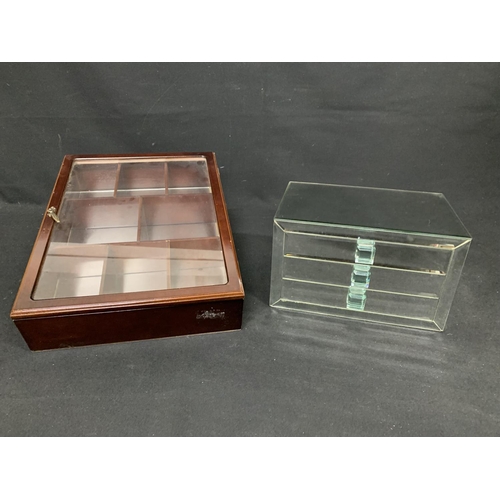 694 - Mirrored jewellery chest and wooden display cabinet