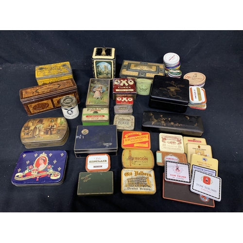 949 - Assorted vintage tins and two lacquer boxes plus quantity of Tobacco tin lids (2)