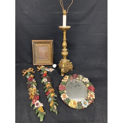 992 - Floral encrusted mirror and two swags (one a/f at top), Gilt lamp base and frame