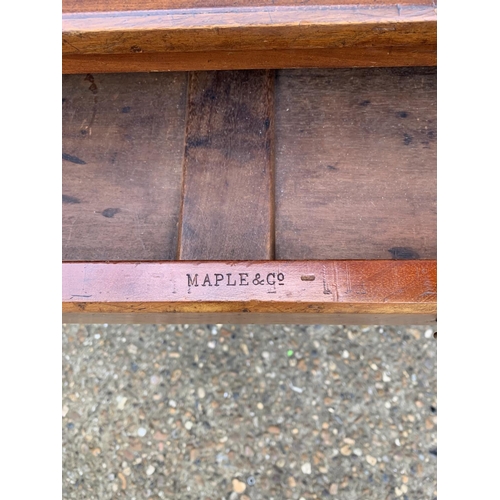 129 - Edwardian mahogany table with green leather top, drawer stamped Maple and Co, 90 x 53 x 75