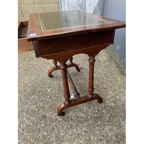 129 - Edwardian mahogany table with green leather top, drawer stamped Maple and Co, 90 x 53 x 75