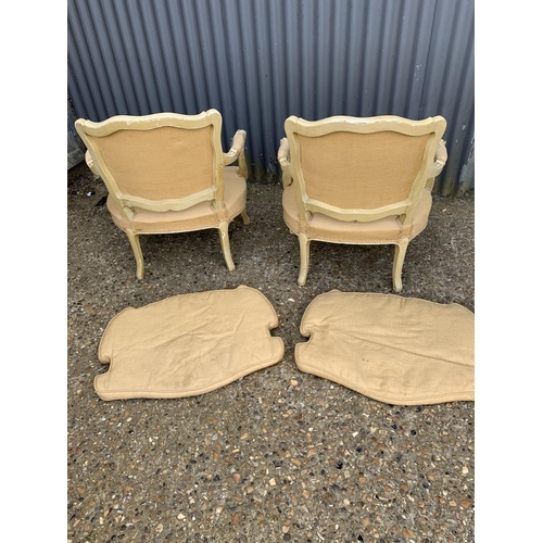 130 - Pair French style cream painted salon chairs with fitted cushions, each height 75cms