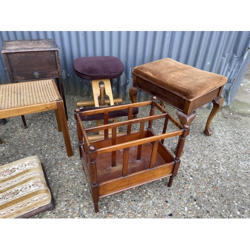 154 - Canterbury book rack, prayer kneeler, four stools and sewing box