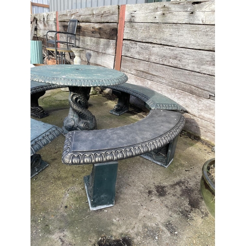 345 - A large green painted concrete garden table with ornate mermaid support together with four mermaid p... 