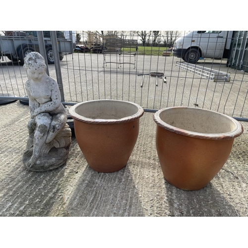 348 - A pair of terracotta pots together with concrete figure of a lady