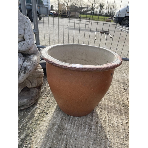 348 - A pair of terracotta pots together with concrete figure of a lady