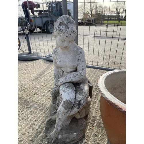 348 - A pair of terracotta pots together with concrete figure of a lady