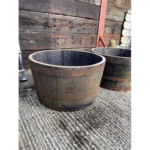 350 - A pair of Scottish oak half whisky barrel planters 2ft round