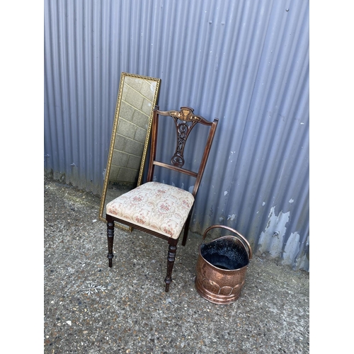 48 - An inlaid salon chair, copper coal bucket and a mirror