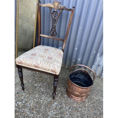 48 - An inlaid salon chair, copper coal bucket and a mirror